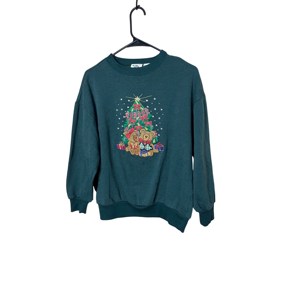 Nutcracker Crewneck Sweatshirt Green Teddy Bear Christmas Tree Embroidered M